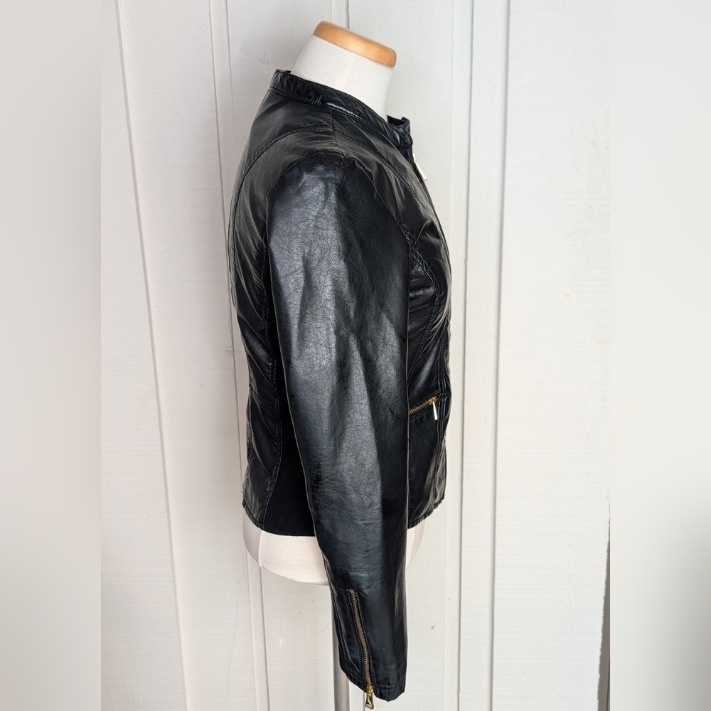 Therapy Faux Leather Jacket Lined Biker Moto Brassy Gold Accents Women Size S - Picture 10 of 17